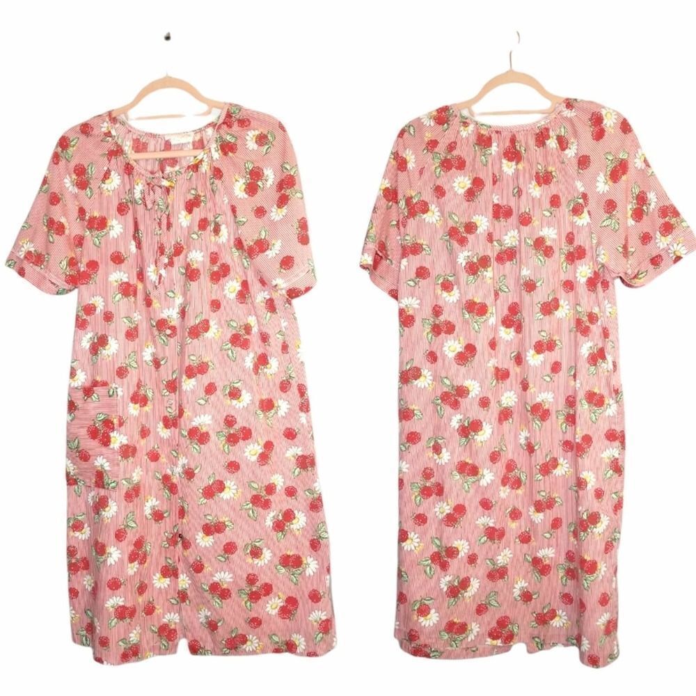 Vintage Red Striped Daisies & Berries House Dress